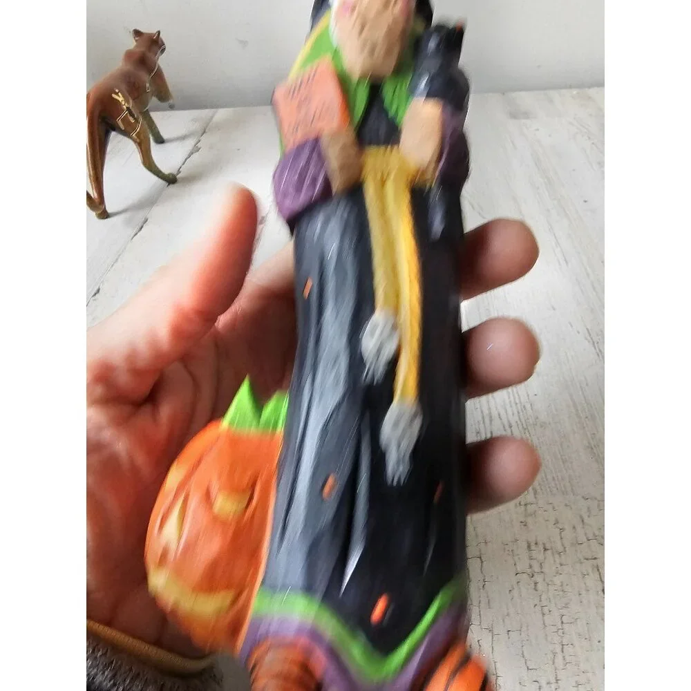 Vintage pencil witch country folk art Crow pumpkin village Halloween decor figur